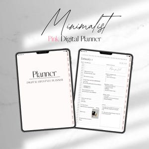 May include: A digital planner app on a tablet screen. The app is called "Planner" and is a "Digital Lifestyle Planner". The app has a calendar view with the date "January 1" and a list of tasks for the day.