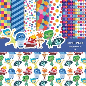 Puede incluir: Un paquete de papel digital con los personajes de la película Del revés. El paquete incluye seis patrones diferentes, incluyendo un patrón a cuadros, un patrón a rayas, un patrón de lunares y un patrón con los personajes de la película. El texto "PAPER PACK print and love it" está en la parte inferior de la imagen.