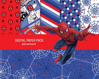 May include: Digital paper pack with five different designs featuring Spiderman, red and blue colors, and a web pattern. The text "DIGITAL PAPER PACK" and "print and love it!" is displayed on a red banner.