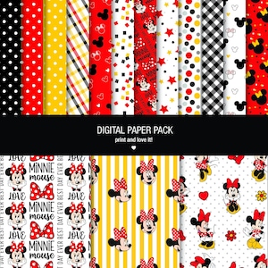 Paquete de papel digital de Minnie Mouse. Imprimible. Hojas de 12 x 12 con resolución de 200 ppp para scrapbooking.