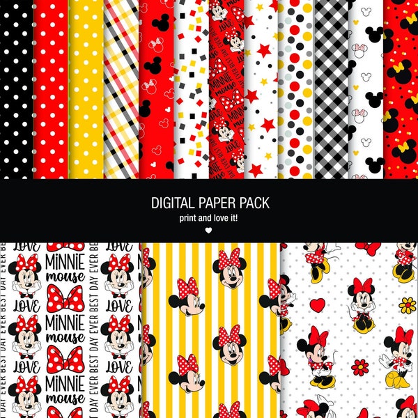 Paquet de papier numérique Minnie Mouse. Imprimable. 12 x 12 feuilles 200 ppp pour scrapbooking