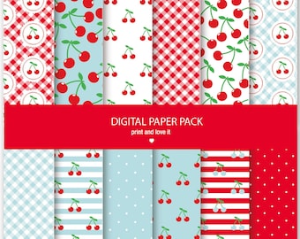 May include: Digital paper pack with 10 different patterns featuring red cherries on a white, blue, or red background. The patterns include gingham, polka dots, stripes, and solid colors. The text "DIGITAL PAPER PACK print and love it" is displayed on a red banner.