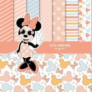 Minnie Sommer Vibes Groovy Style Digital Paper Pack und Clip Art Printable. 12x12 Blatt 200 dpi scrapbooking + 2PNG + 2svg
