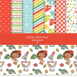 May include: Digital paper pack with six different patterns: red polka dots, green and white stripes, blue waves, red and yellow stripes, white with green palm leaves, and red and white gingham. The bottom of the image shows a white background with a repeating pattern of a cartoon girl with brown hair and a flower in her hair, a rooster, a pig, a turtle, and a swirl.