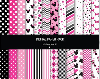 Minnie Mouse Digital Paper Pack, Scrapbooking Clip Art (Digital Download) 12 x 12 de 200 ppp + 4 PNG scrapbooking