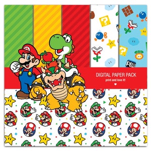 Pacchetto di carte digitali di Super Mario e Clip Art. Scrapbooking 12x12 hojas 200dpi + 9 CLIPART PNG