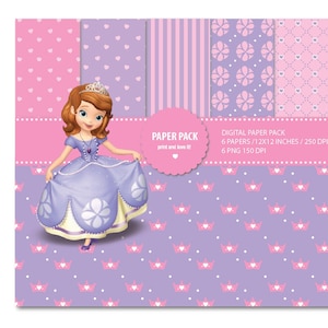 May include: Digital paper pack with six 12x12 inch printable papers featuring a princess character, crowns, hearts, and floral patterns. The papers are 250 DPI and there are also six PNG files at 150 DPI. The text on the image reads "PAPER PACK print and love it! DIGITAL PAPER PACK 6 PAPERS/12X12 INCHES / 250 DPI 6 PNG 150 DPI"