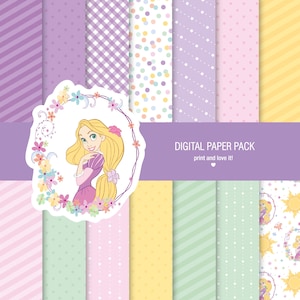 Tangled Princess Digital Paper, Rapunzel Scrapbook Princess, 12x12 hojas 250 dpi scrapbooking