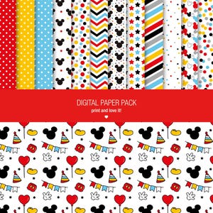 May include: A digital paper pack featuring twelve vertical strips with patterns including polka dots, chevrons, stars, and mouse silhouettes in red, yellow, blue, black, and white. A red banner displays the text DIGITAL PAPER PACK print and love it!