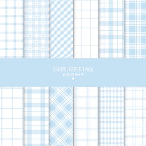 May include: A digital paper pack featuring twelve vertical panels of light blue and white patterns, including gingham, plaid, and heart motifs. A central light blue horizontal band displays the text DIGITAL PAPER PACK print and love it!