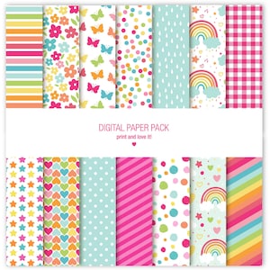 Op de afbeelding: Een digitaal papierpakket met diverse kleurrijke patronen. Ontwerpen omvatten strepen, bloemen, vlinders, stippen, regendruppels, regenbogen, sterren, harten en ruitjes. De tekst "DIGITAL PAPER PACK print and love it!" wordt weergegeven.