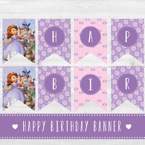 Puede incluir: Bandera imprimible morada y rosa con una princesa de dibujos animados y un conejito. La bandera dice "Feliz cumpleaños".