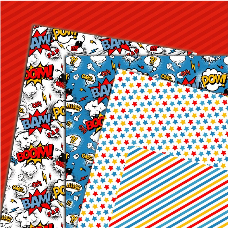 May include: Four different digital paper designs featuring a comic book theme. The designs include red, yellow, blue, and white stars, stripes, and speech bubbles with words like "BAM", "POW", "BOOM", and "ZAP".