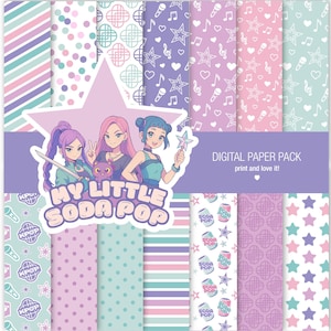 Può includere: Un pacchetto di carta digitale con motivi pastello in viola, rosa e verde acqua. I disegni includono strisce, pois e stelle. Il pacchetto presenta il testo "MY LITTLE SODA POP" e "DIGITAL PAPER PACK".
