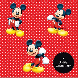 May include: Three digital images of Mickey Mouse in different poses. Mickey is wearing his signature red shorts, yellow shoes, and white gloves. The background is a red and white polka dot pattern.