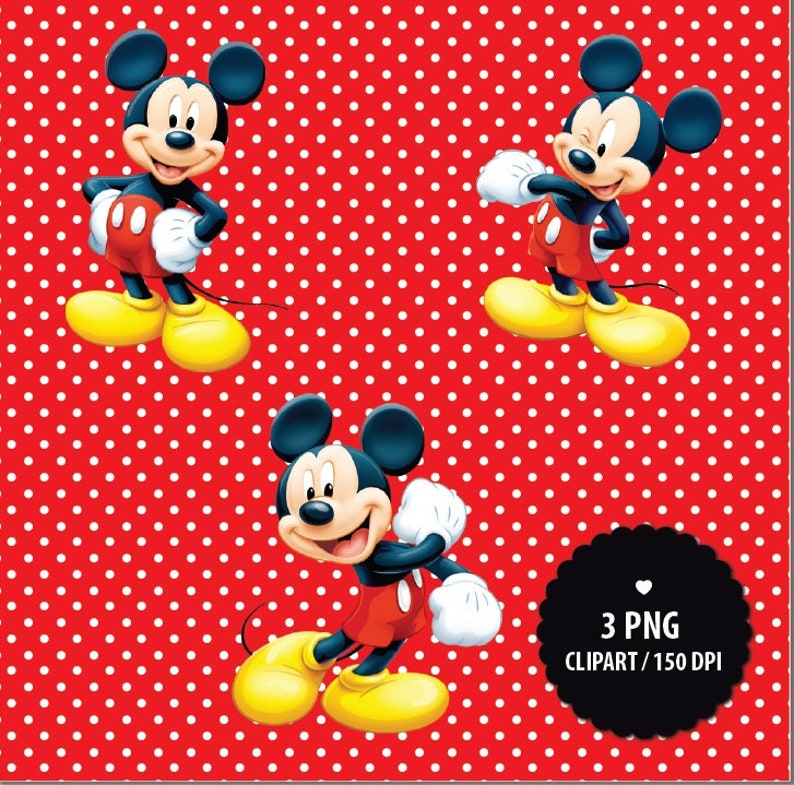 May include: Three digital images of Mickey Mouse in different poses. Mickey is wearing his signature red shorts, yellow shoes, and white gloves. The background is a red and white polka dot pattern.