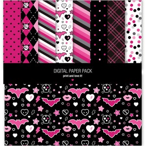 Papeles Digitales Fiesta Mostri Bambole. Rosa, Gris, Negro / Imprimibile. 12 x 12 fogli di album di dischi da 200 ppp
