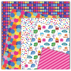 May include: Four sheets of colorful wrapping paper featuring different patterns. One sheet has a white background with multi-colored polka dots. Another sheet has a white background with multi-colored circles. A third sheet has a purple background with multi-colored polka dots in rows. The final sheet has a white background with a repeating pattern of cartoon characters with different facial expressions.