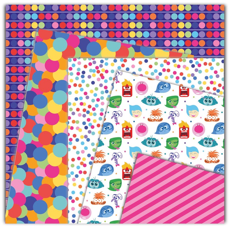 May include: Four sheets of colorful wrapping paper featuring different patterns. One sheet has a white background with multi-colored polka dots. Another sheet has a white background with multi-colored circles. A third sheet has a purple background with multi-colored polka dots in rows. The final sheet has a white background with a repeating pattern of cartoon characters with different facial expressions.