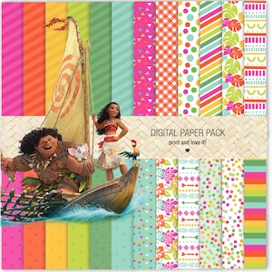 Op de afbeelding: Digitaal papierpakket met 12 verschillende patronen met tropische thema's, waaronder bloemen, geometrische vormen en strepen. De patronen zijn in felle kleuren zoals roze, groen, blauw en geel. De afbeelding toont ook personages uit de animatiefilm Vaiana.