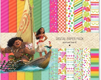 Könnte beinhalten: Digitales Papierpaket mit 12 verschiedenen Mustern mit tropischen Motiven, darunter Blumen, geometrische Formen und Streifen. Die Muster sind in leuchtenden Farben wie Pink, Grün, Blau und Gelb gehalten. Das Bild zeigt auch Figuren aus dem Animationsfilm Vaiana.