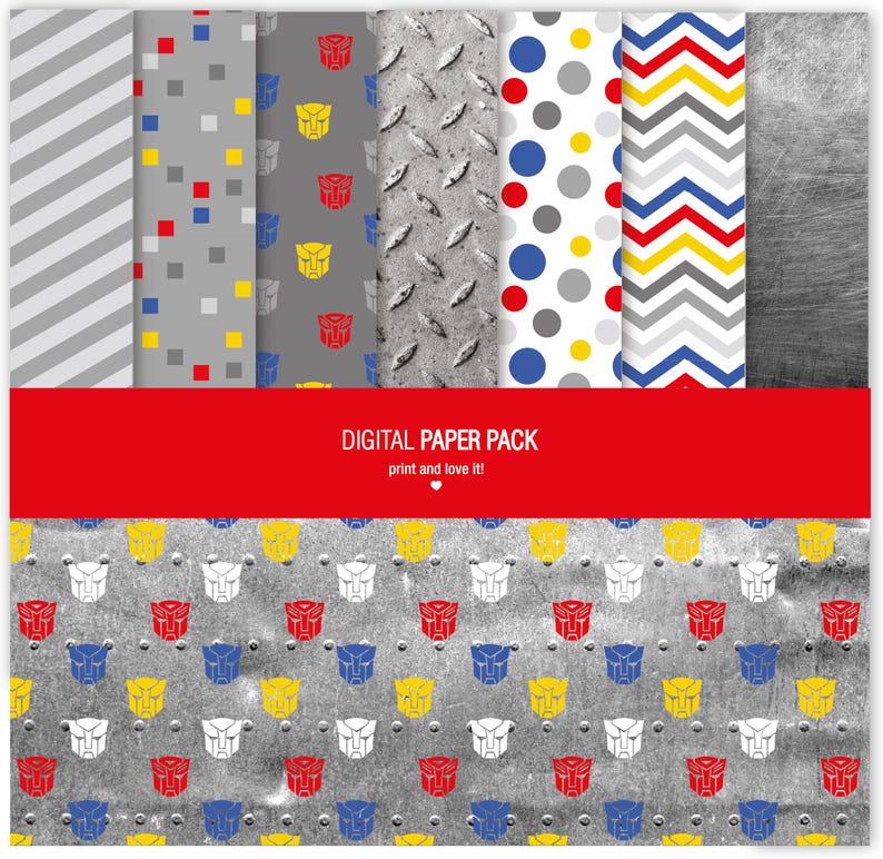 Pu&ograve; includere: Un pacchetto di carta digitale con sette motivi distinti: strisce diagonali grigie, grigio con quadrati colorati, grigio con icone di robot rosse e gialle, una texture a piastra diamantata, bianco con pois colorati, un motivo a chevron e una texture metallica.