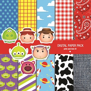 Pack de Papel Digital Tsum Tsum Toy Story.Jessie. Imprimible. 12x12 hojas de álbumes de recortes de 200 ppp