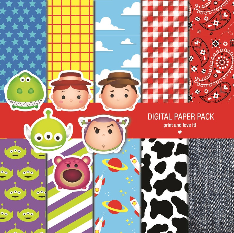 May include: Digital paper pack featuring a range of patterns, including stars, chequered, clouds, paisley, cow print, and denim. The pack also includes images of characters from the Toy Story film, such as Woody, Buzz Lightyear, and Jessie.