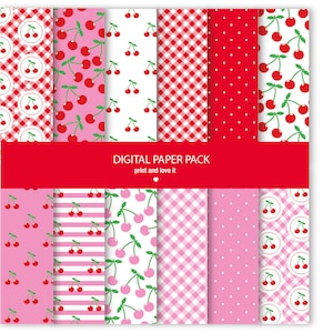 Wzór wiśniowo-różowy, kratka gingham i tło w kropki (papier cyfrowy)