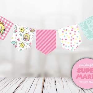 Estandarte de la Princesa Peach. Banner de fiesta de Super Mario Bros., guirnalda, descarga instantánea