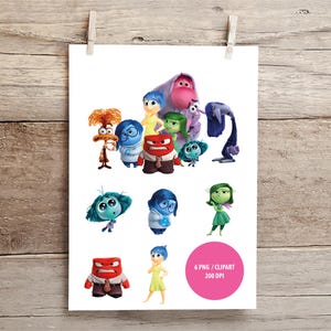 May include: A set of 6 digital clipart images featuring characters from the animated film Inside Out. The characters are Joy, Sadness, Anger, Fear, Disgust, and Bing Bong. The images are in PNG format and are 200 DPI.