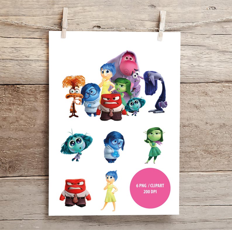 May include: A set of 6 digital clipart images featuring characters from the animated film Inside Out. The characters are Joy, Sadness, Anger, Fear, Disgust, and Bing Bong. The images are in PNG format and are 200 DPI.