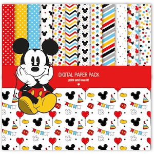 Op de afbeelding: Een digitaal papierpakket met Mickey Mouse. Het pakket bevat papieren met patronen met stippen, chevrons, sterren en Mickey Mouse-silhouetten. De tekst "DIGITAL PAPER PACK print and love it!" staat op een rode banner.