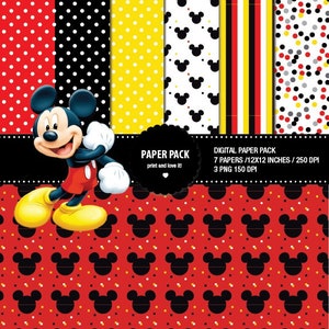 May include: Digital paper pack with 7 Mickey Mouse themed patterns in red, black, white, yellow, and gray. The patterns include polka dots, stripes, and Mickey Mouse ears. The pack includes 7 papers at 12x12 inches and 250 DPI, and 3 PNGs at 150 DPI.