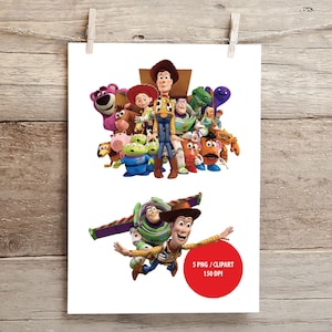May include: A white poster featuring a collection of Toy Story characters. The top half shows Woody, Buzz Lightyear, and other characters. The bottom half shows Buzz and Woody flying. A red circle with text is in the bottom right.