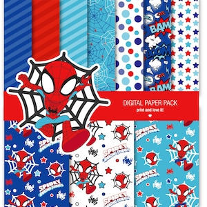 Paquete de Spidey de papeles digitales de clip art. 12 x 12 hojas scrapbooking 200 dpi + 1 CLIPART PNG