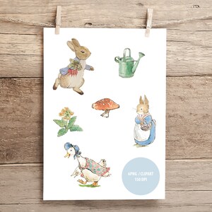 May include: A set of six digital illustrations featuring a rabbit, a duck, a mushroom, a watering can, a flower, and a rabbit holding a basket. The illustrations are in a watercolor style and are perfect for crafting projects.