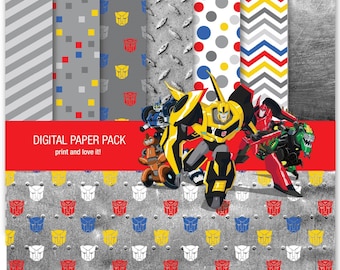 Transformadores. Pack de Papel Digital y Clip Art. Imprimible. 12x12 hojas 200dpi scrapbooking + 1 PNG CLIPART