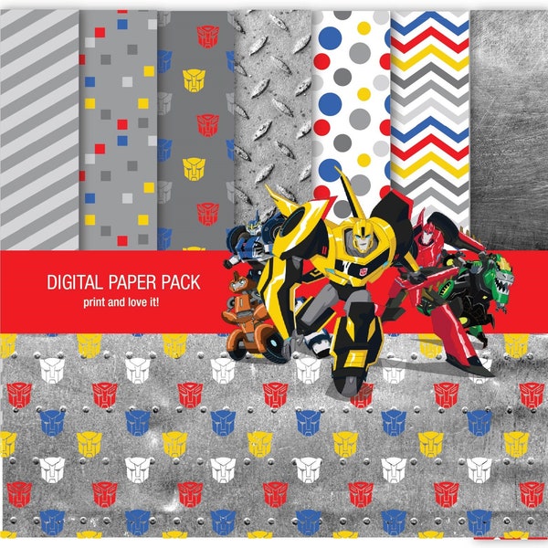 Pack de Papel Digital y Clip Art Transformers. Imprimible. 12x12 hojas 200dpi scrapbooking + 1 PNG CLIPART