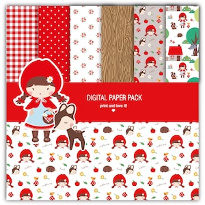 Può includere: Un pacchetto di carta digitale con vari motivi: quadretti rossi, pois, floreali e venature del legno. Include illustrazioni di Cappuccetto Rosso, un cervo ed elementi della foresta. Il testo recita: "DIGITAL PAPER PACK print and love it!"