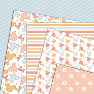May include: A collection of four digital paper patterns featuring pastel color palettes. Designs include silhouettes of mouse heads, polka-dot bows, sparkling stars, horizontal stripes in yellow, blue, and peach, and white daisies on a peach background.