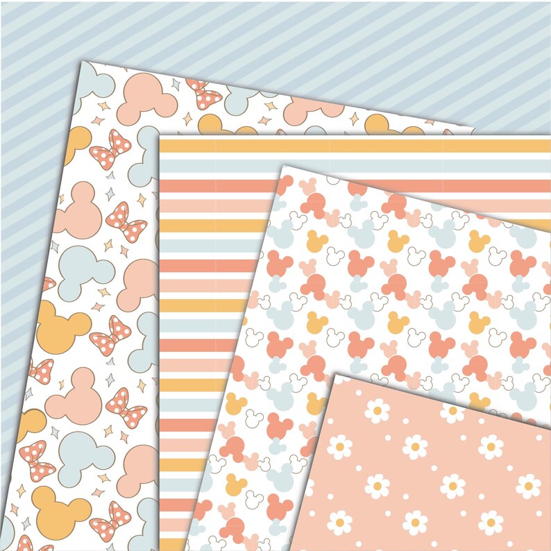 May include: A collection of four digital paper patterns featuring pastel color palettes. Designs include silhouettes of mouse heads, polka-dot bows, sparkling stars, horizontal stripes in yellow, blue, and peach, and white daisies on a peach background.