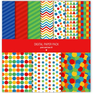 Pode incluir: Um pacote de papel digital com uma variedade de padrões coloridos. Os designs incluem listras, ziguezagues, bolinhas, triângulos, estrelas e um padrão de grade. O pacote é rotulado como "DIGITAL PAPER PACK print and love it!"