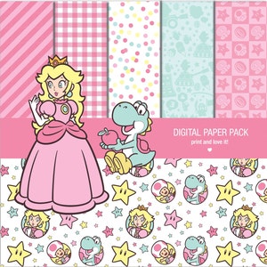 Paquet de papier numérique Princesa Peach. Les frères Mario, l'imprimable. Papier scrapbooking 12 x 12 feuilles 250 ppp