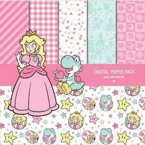 Paquet de papier numérique Princesa Peach. Les frères Mario, l'imprimable. Papier scrapbooking 12 x 12 feuilles 250 ppp