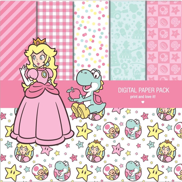 Paquete de papel digital Princesa Peach. Mario Bros Imprimible. 12x12 hojas 250 dpi scrapbooking