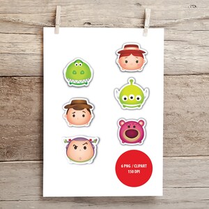 May include: Six Toy Story character clip art images in a cartoon style. The characters are Woody, Buzz Lightyear, Rex, Alien, Jessie, and Hamm. The images are in a white circle with a red border. The text "6 PNG / CLIPART 150 DPI" is below the images.