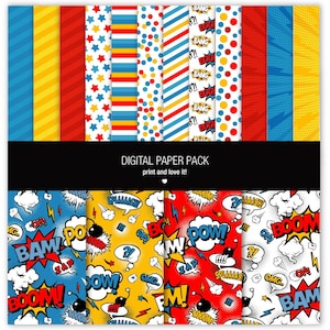 Pacchetto di carta digitale dei supereroi. Imprimibile. Formati da 12 x 12, 200 ppp per scrapbooking. 16 fogli + 4 immagini PNG CLIPART