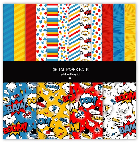 Paquete de papel digital de superhéroes. Imprimible. Hojas de 12 x 12, 200 ppp para scrapbooking. 16 papeles + 4 imágenes PNG CLIPART