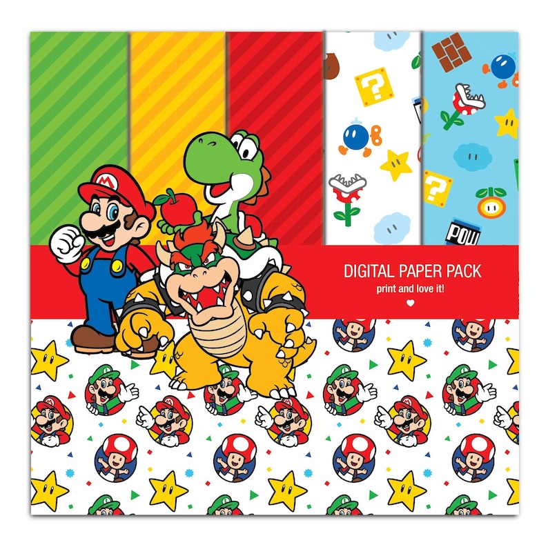 May include: A digital paper pack featuring a variety of colorful patterns inspired by the Super Mario Bros. video game franchise. The patterns include characters like Mario, Luigi, Bowser, and Yoshi, as well as iconic game elements like stars, mushrooms, and question blocks. The text "DIGITAL PAPER PACK print and love it!" is included in the image.